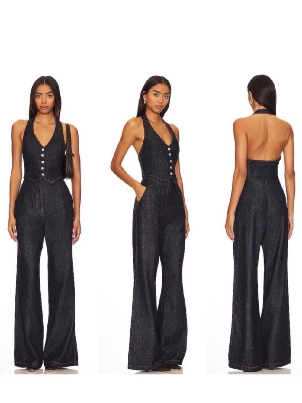 NWT Revolve x Amanda Uprichard dark navy Halter Button-Front Denim Jumpsuit